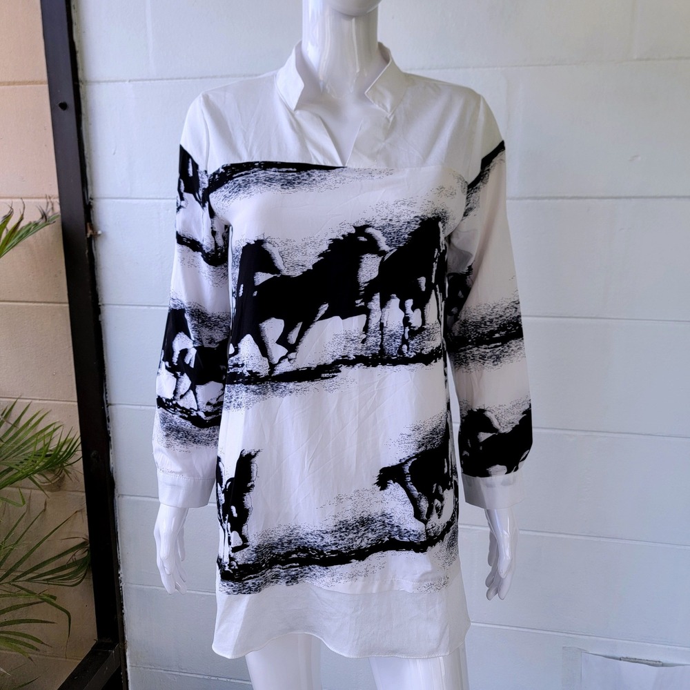 Sil Regina Horse Print White Black Tunic Women L Western Artistic Blouse